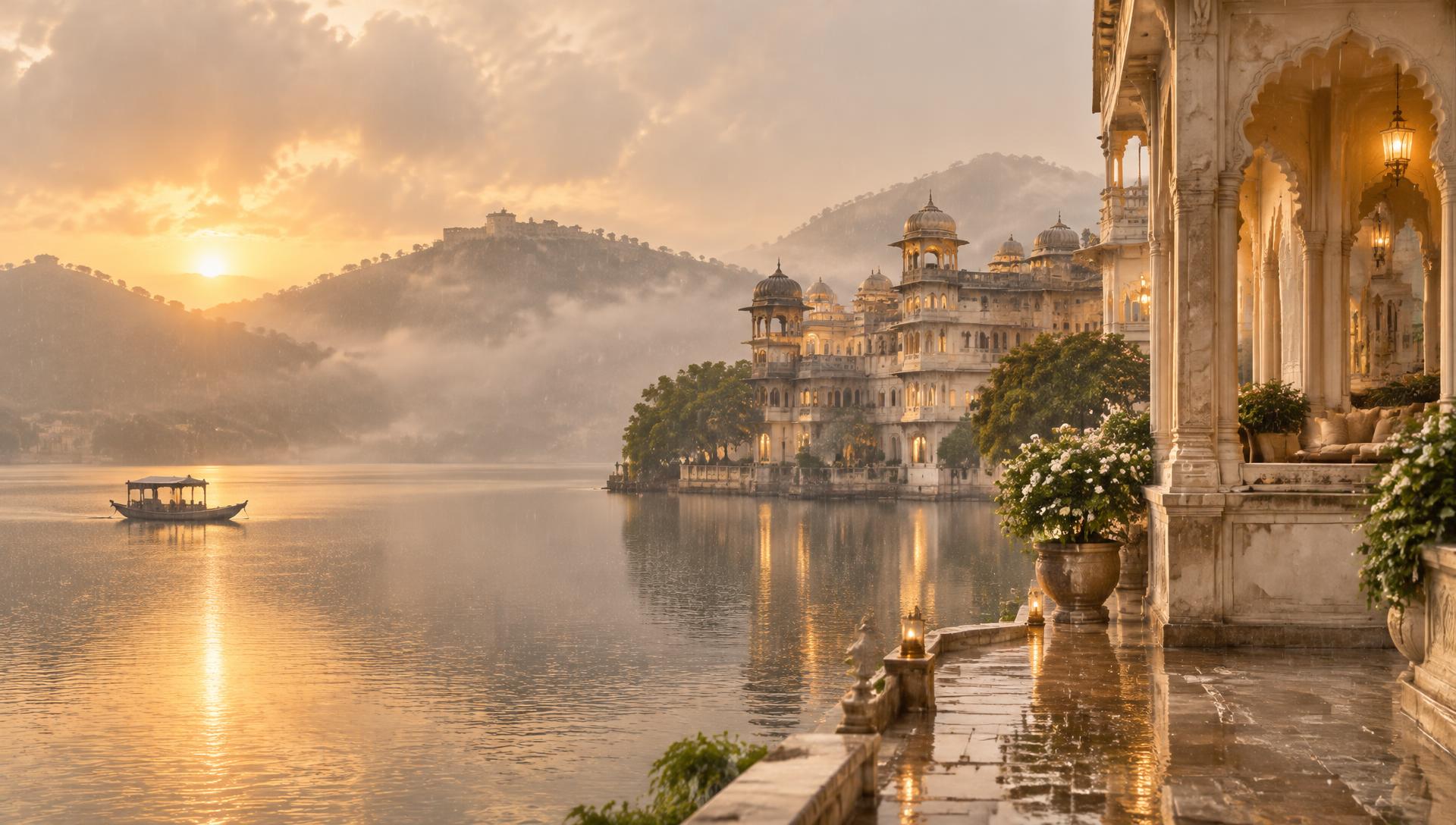 Heritage palace by a lake in monsoon light